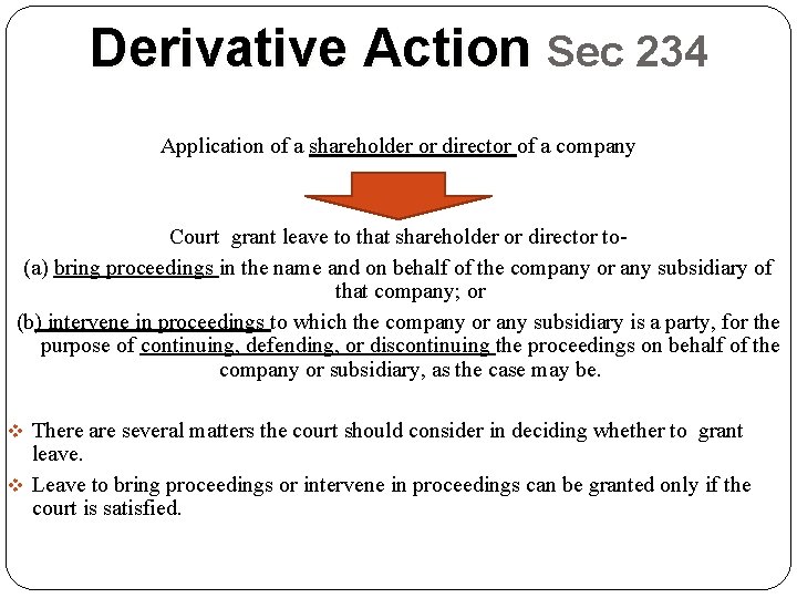 Derivative Action Sec 234 Application of a shareholder or director of a company Court