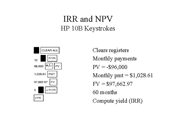 IRR and NPV HP 10 B Keystrokes Clears registers Monthly payments PV = -$96,