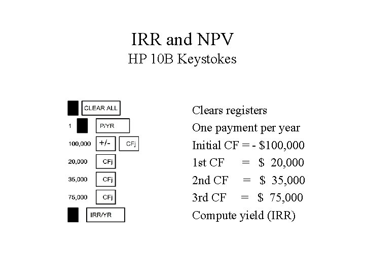 IRR and NPV HP 10 B Keystokes Clears registers One payment per year Initial