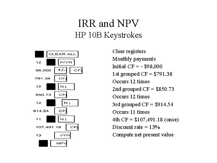 IRR and NPV HP 10 B Keystrokes Clear registers Monthly payments Initial CF =