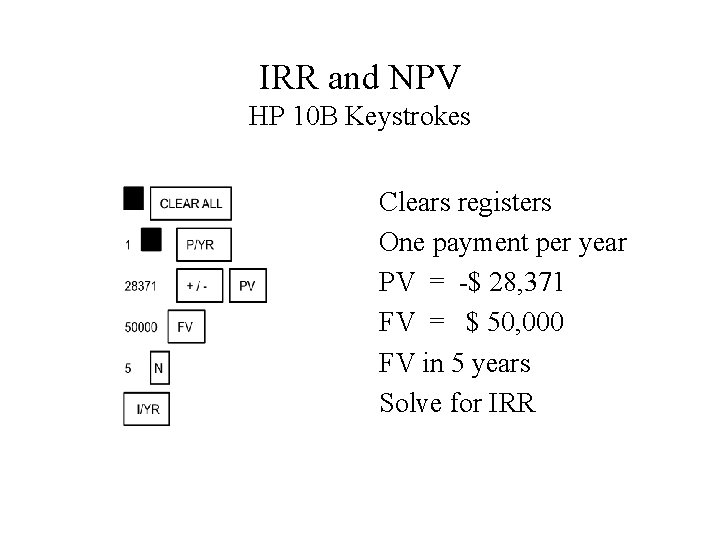 IRR and NPV HP 10 B Keystrokes Clears registers One payment per year PV