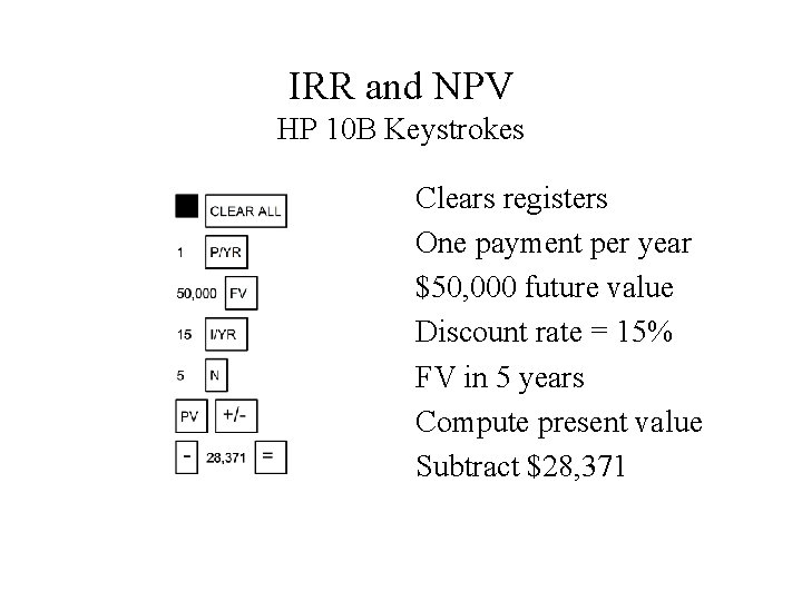 IRR and NPV HP 10 B Keystrokes Clears registers One payment per year $50,