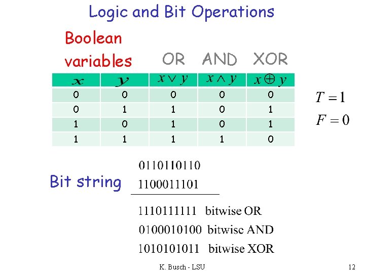 Logic and Bit Operations Boolean variables OR AND XOR 0 0 0 1 1