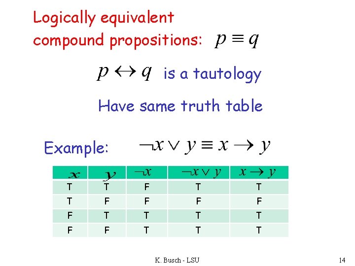 Logically equivalent compound propositions: is a tautology Have same truth table Example: T T