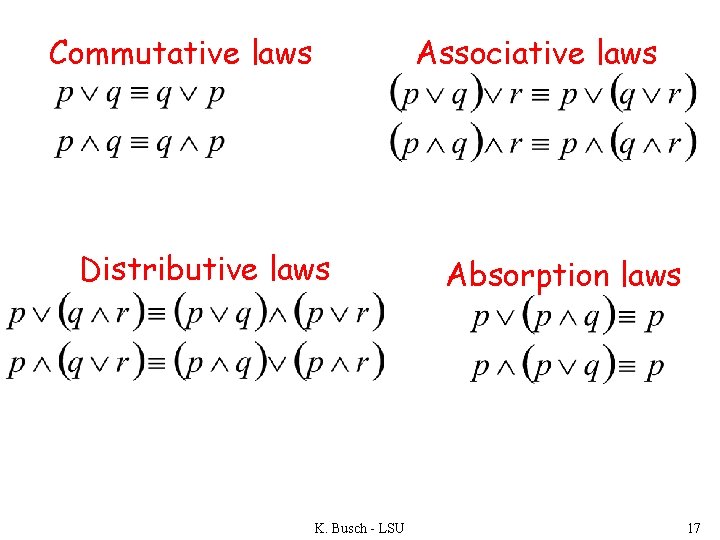 Commutative laws Associative laws Distributive laws K. Busch - LSU Absorption laws 17 