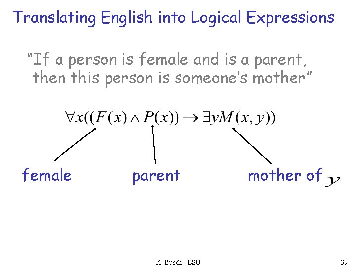 Translating English into Logical Expressions “If a person is female and is a parent,
