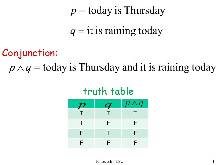 Conjunction: truth table T T F F F T F F K. Busch -