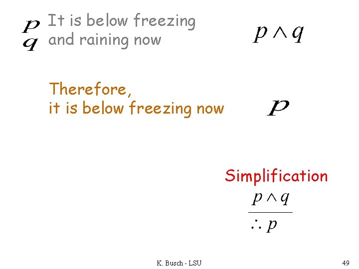 It is below freezing and raining now Therefore, it is below freezing now Simplification