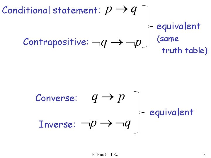 Conditional statement: equivalent (same truth table) Contrapositive: Converse: equivalent Inverse: K. Busch - LSU