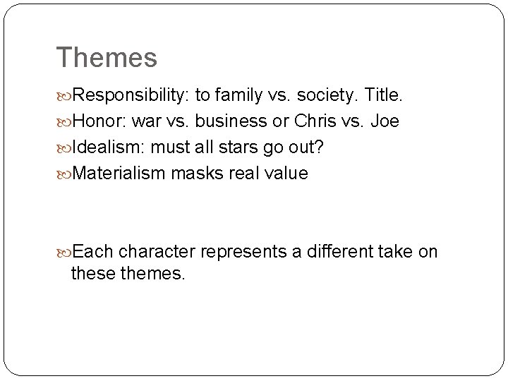 Themes Responsibility: to family vs. society. Title. Honor: war vs. business or Chris vs.