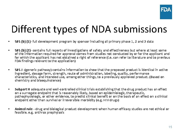 Different types of NDA submissions • 505 (b) (1)- full development program by sponsor