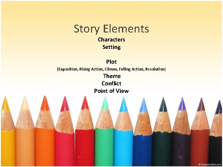 Story Elements Characters Setting Plot (Exposition, Rising Action, Climax, Falling Action, Resolution) Theme Conflict