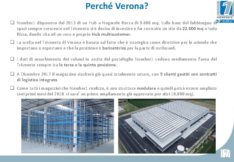 Perché Verona? q Number 1 disponeva dal 2013 di un Hub a Nogarole Rocca