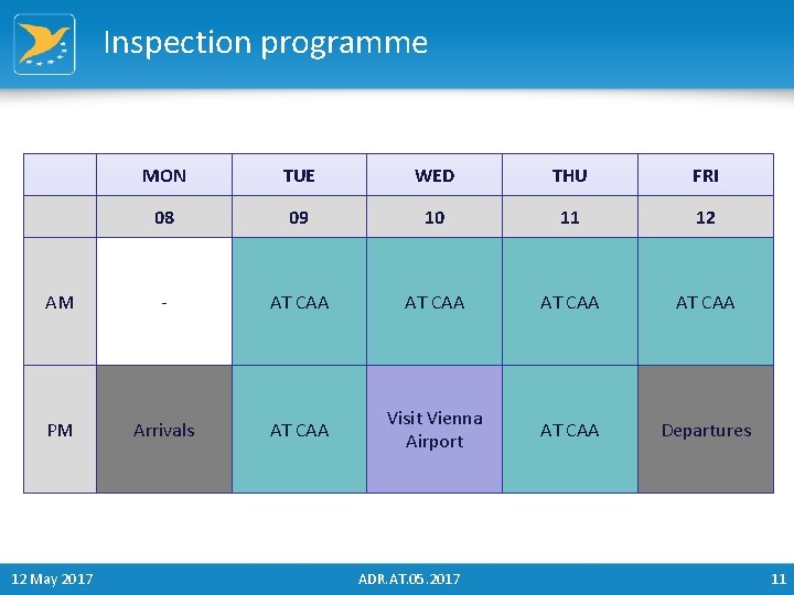Inspection programme MON TUE WED THU FRI 08 09 10 11 12 AM -