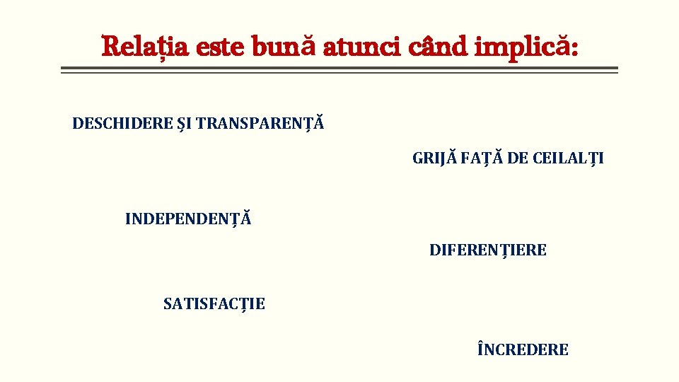 Relația este bună atunci când implică: DESCHIDERE ȘI TRANSPARENȚĂ GRIJĂ FAȚĂ DE CEILALȚI INDEPENDENȚĂ