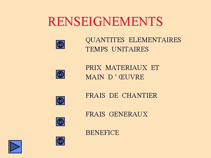 RENSEIGNEMENTS QUANTITES ELEMENTAIRES TEMPS UNITAIRES PRIX MATERIAUX ET MAIN D ’ ŒUVRE FRAIS DE RENSEIGNEMENTS QUANTITES ELEMENTAIRES TEMPS UNITAIRES PRIX MATERIAUX ET MAIN D ’ ŒUVRE FRAIS DE