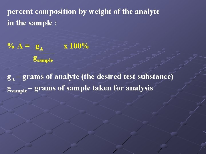 percent composition by weight of the analyte in the sample : % A =