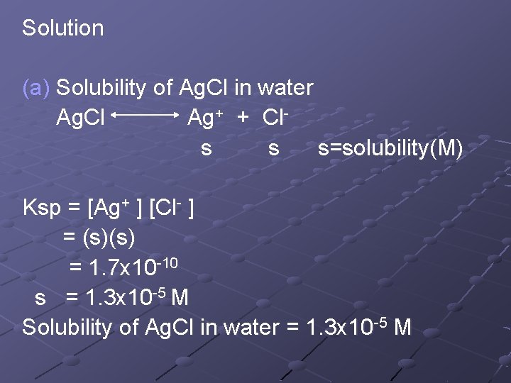 Solution (a) Solubility of Ag. Cl in water Ag. Cl Ag+ + Cls s