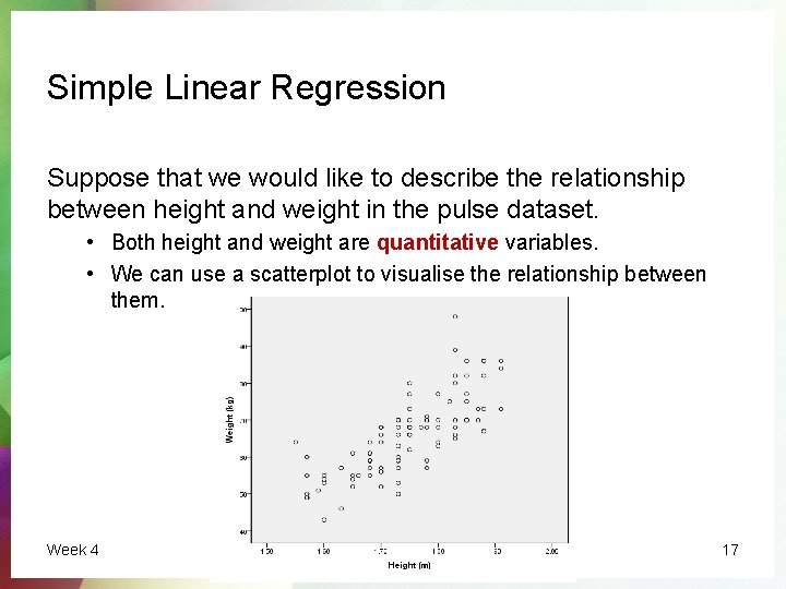 Simple Linear Regression Suppose that we would like to describe the relationship between height