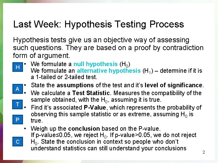 Last Week: Hypothesis Testing Process Hypothesis tests give us an objective way of assessing