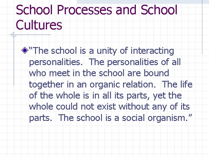 School Processes and School Cultures “The school is a unity of interacting personalities. The