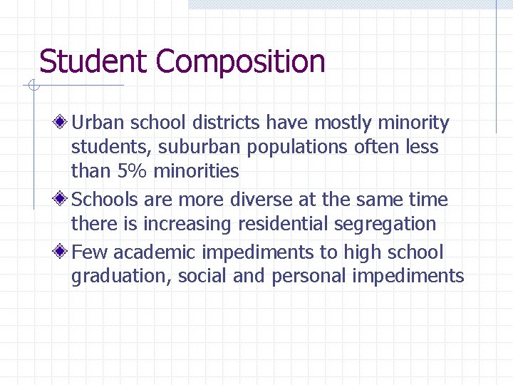 Student Composition Urban school districts have mostly minority students, suburban populations often less than