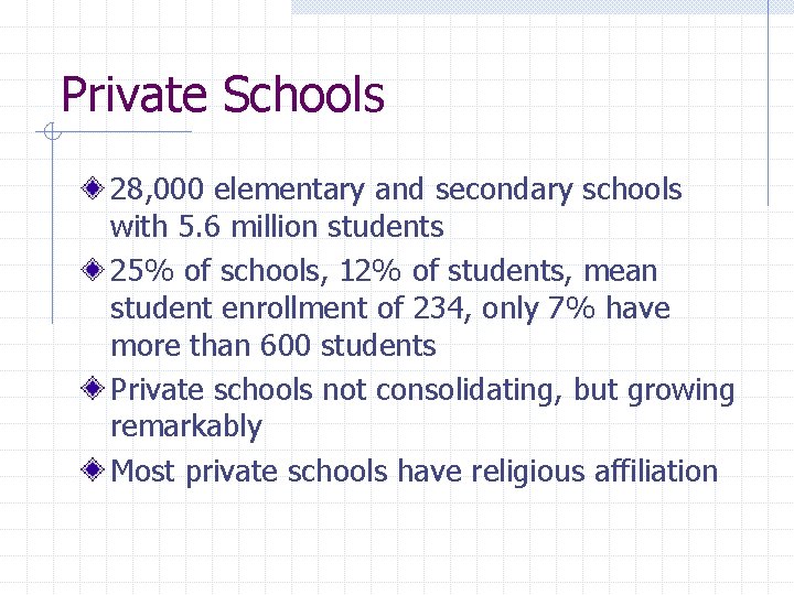 Private Schools 28, 000 elementary and secondary schools with 5. 6 million students 25%