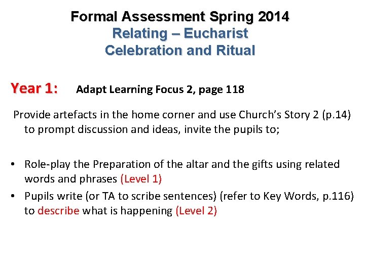 Formal Assessment Spring 2014 Relating – Eucharist Celebration and Ritual Year 1: Adapt Learning