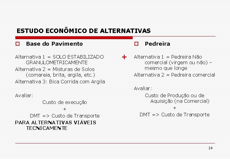 ESTUDO ECONÔMICO DE ALTERNATIVAS o Base do Pavimento Alternativa 1 = SOLO ESTABILIZADO GRANULOMETRICAMENTE