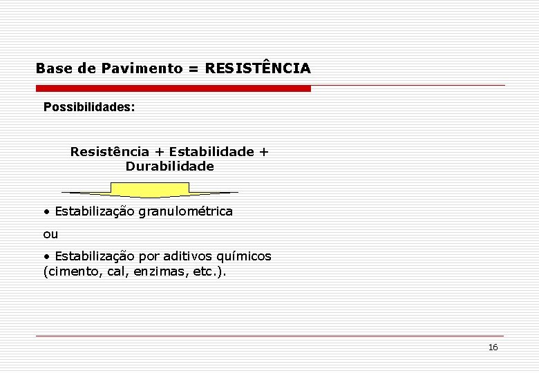 Base de Pavimento = RESISTÊNCIA Possibilidades: Resistência + Estabilidade + Durabilidade • Estabilização granulométrica