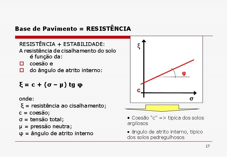 Base de Pavimento = RESISTÊNCIA + ESTABILIDADE: A resistência de cisalhamento do solo é