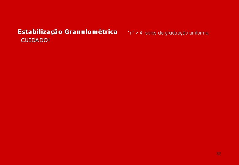 Estabilização Granulométrica “n” > 4: solos de graduação uniforme; CUIDADO! 32 