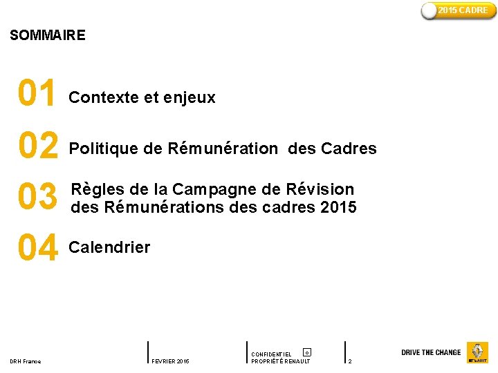 2015 CADRE SOMMAIRE 01 Contexte et enjeux 02 Politique de Rémunération des Cadres Règles