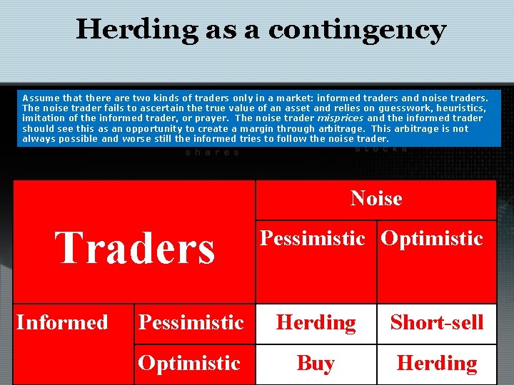 Herding as a contingency Assume that there are two kinds of traders only in