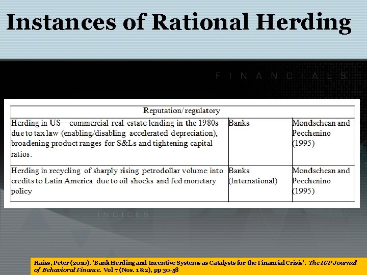 Instances of Rational Herding Haiss, Peter (2010). ‘Bank Herding and Incentive Systems as Catalysts