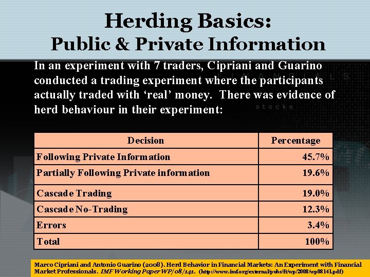 Herding Basics: Public & Private Information In an experiment with 7 traders, Cipriani and