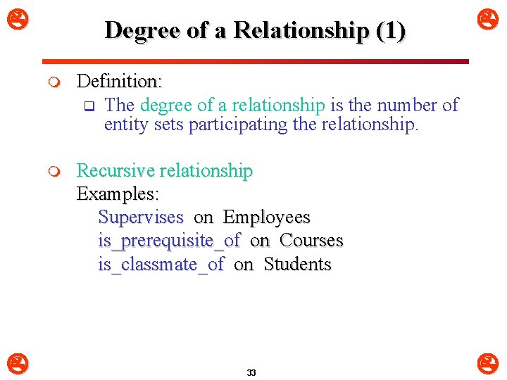  Degree of a Relationship (1) m Definition: q The degree of a relationship