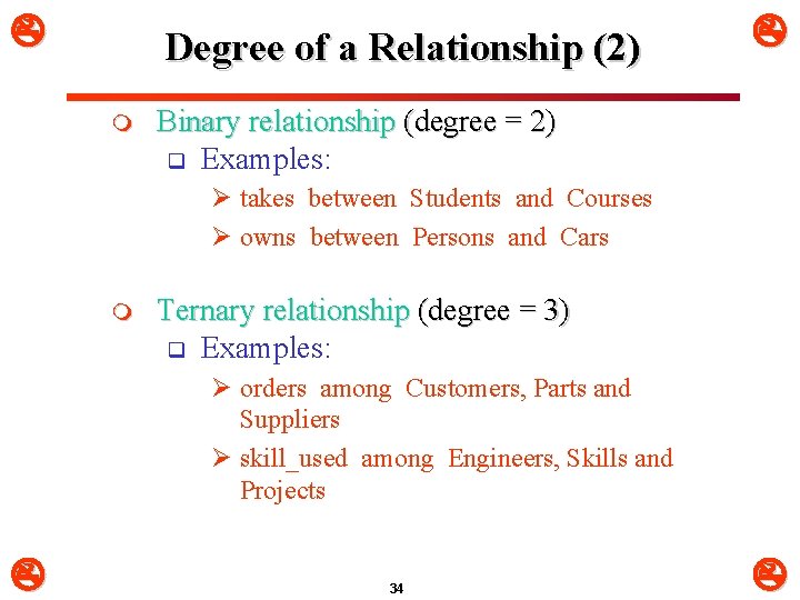  Degree of a Relationship (2) m Binary relationship (degree = 2) q Examples: