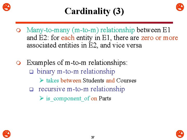  Cardinality (3) m Many-to-many (m-to-m) relationship between E 1 and E 2: for