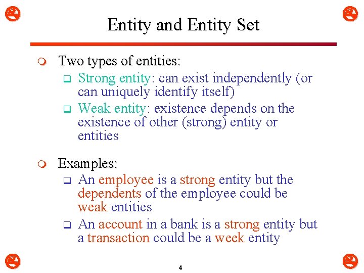  Entity and Entity Set m Two types of entities: q Strong entity: can