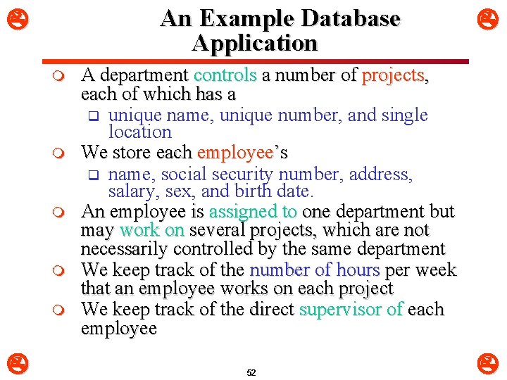 An Example Database Application m m m A department controls a number of projects,