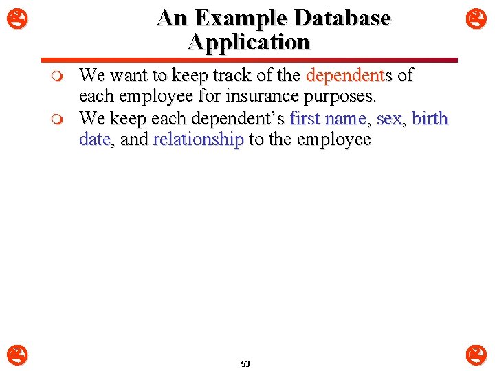 An Example Database Application m m We want to keep track of the dependents