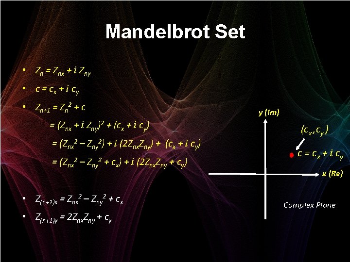 Mandelbrot Set • Zn = Znx + i Zny • c = c x