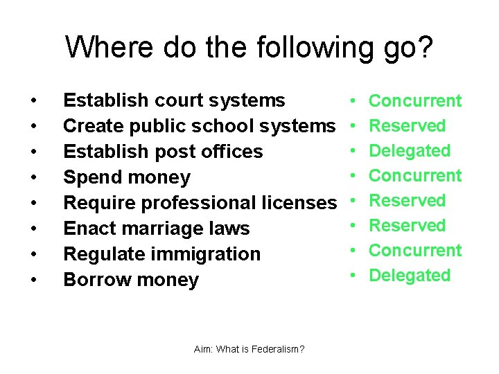 Where do the following go? • • Establish court systems Create public school systems