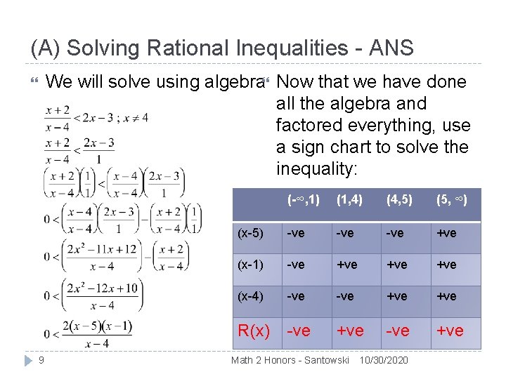 (A) Solving Rational Inequalities - ANS We will solve using algebra Now that we