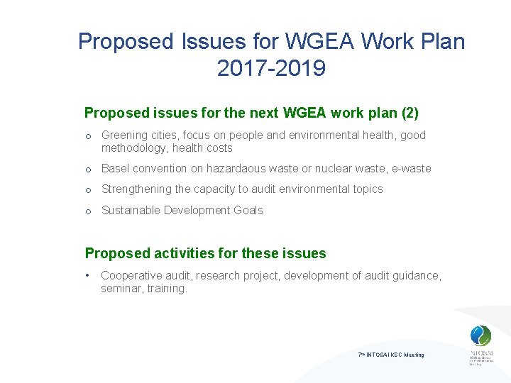 Proposed Issues for WGEA Work Plan 2017 -2019 Proposed issues for the next WGEA