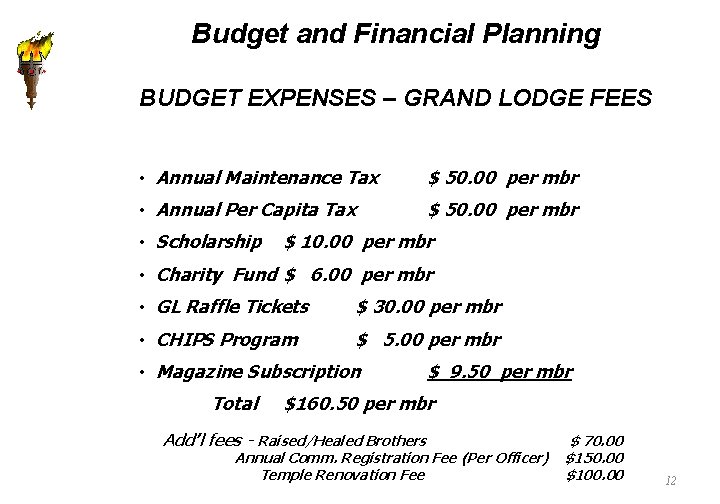 Budget and Financial Planning BUDGET EXPENSES – GRAND LODGE FEES • Annual Maintenance Tax