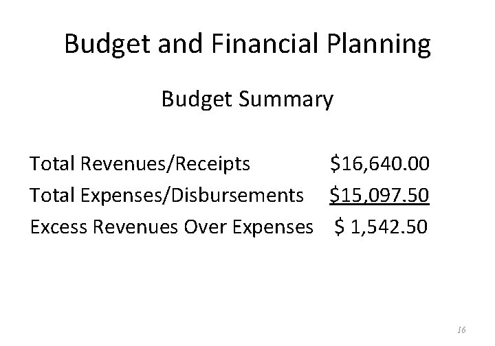 Budget and Financial Planning Budget Summary Total Revenues/Receipts $16, 640. 00 Total Expenses/Disbursements $15,