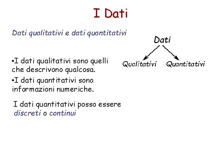 I Dati qualitativi e dati quantitativi • I dati qualitativi sono quelli che descrivono