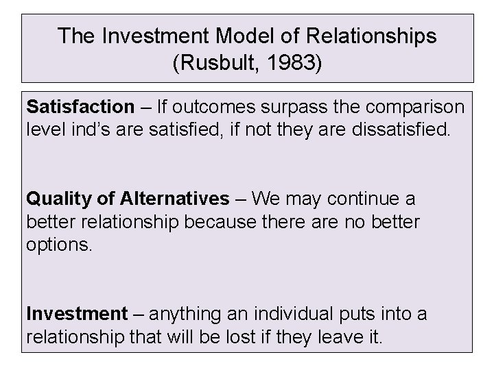 The Investment Model of Relationships (Rusbult, 1983) Satisfaction – If outcomes surpass the comparison